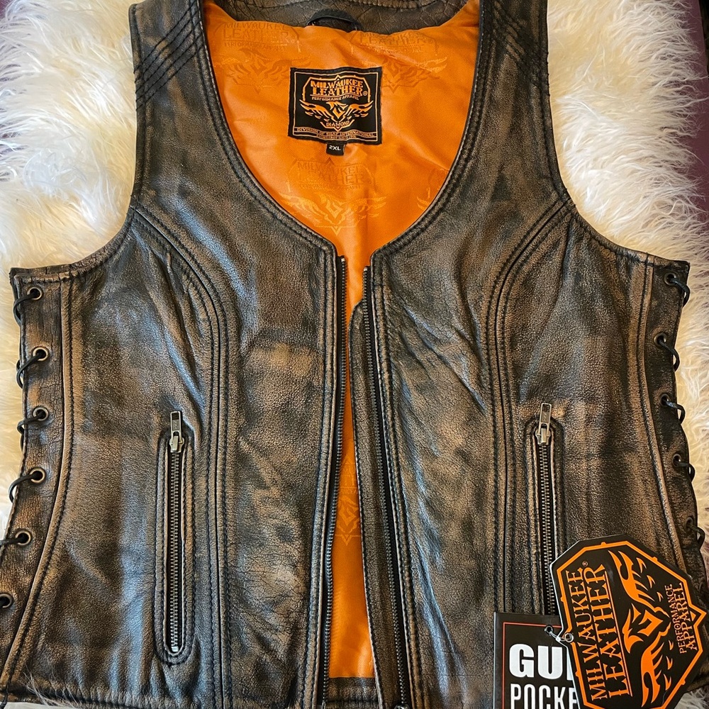 MILWAUKEE LEATHER WOMENS OPEN NECK BROWN VEST w/ DUAL CONCEAL GUN POCKETS